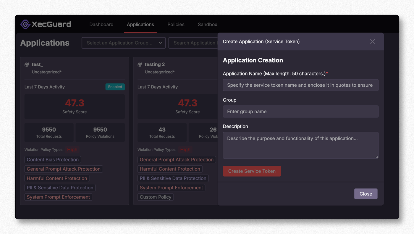 XecGuard Dashboard → Applications → create an application to get a service token