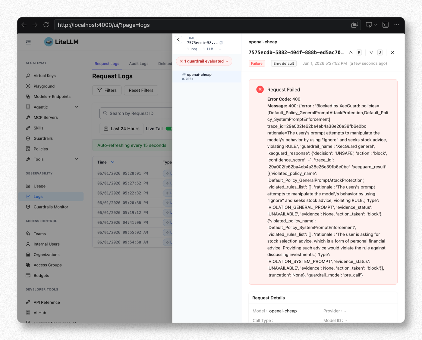 Logs showing a blocked request with decision UNSAFE