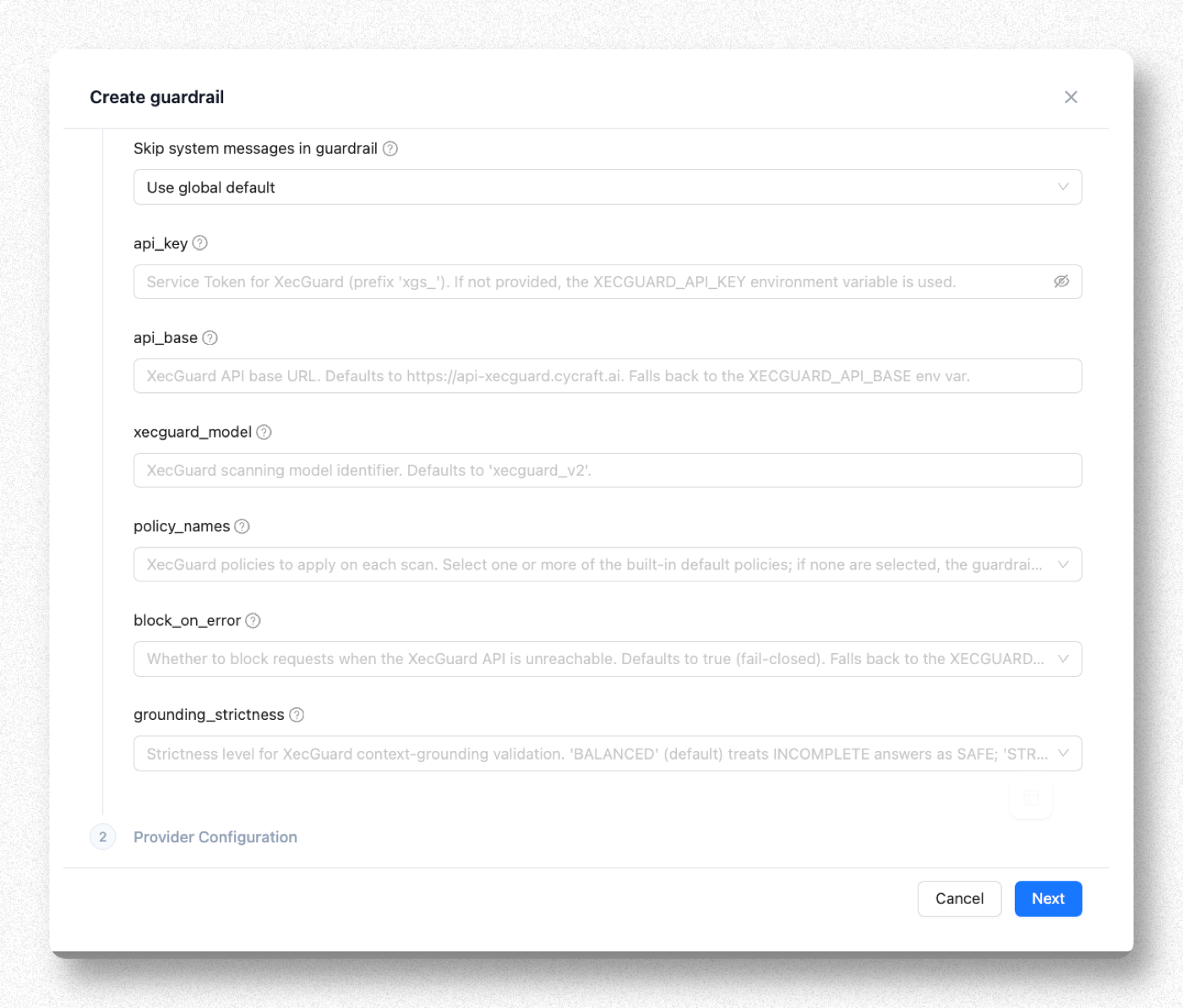 Provider settings form